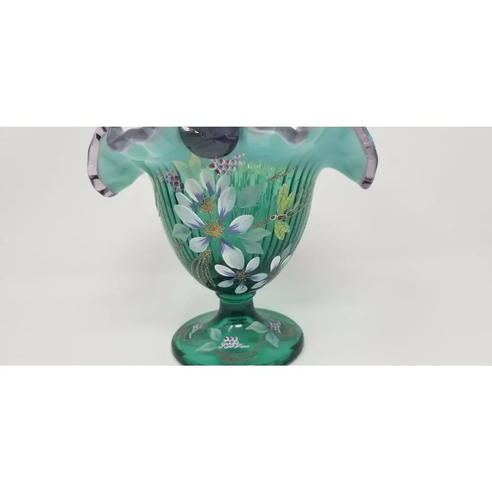 Fenton Glass New Century XXI Spruce Green Purple Dragonfly Basket Signed